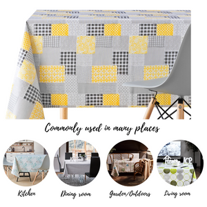 Vinyl Tablecloth with Patchwork Design Grey With Yellow PVC Wipe Clean Oilcloth - 200x140cm Durable Rectangular Wipeable Plastic Table Cloth