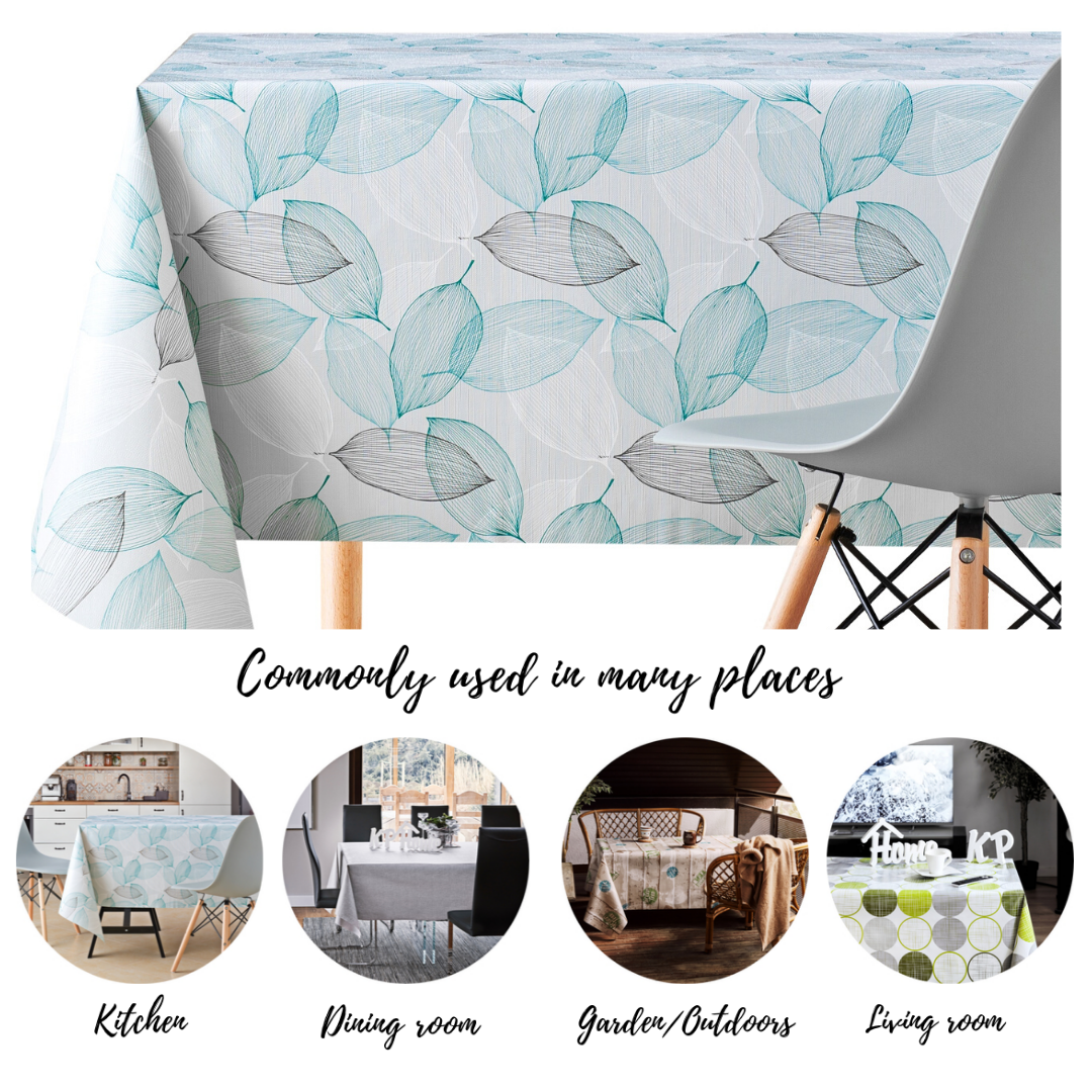 Wipe Clean Vinyl Tablecloth With Grey And Teal Leaves Design