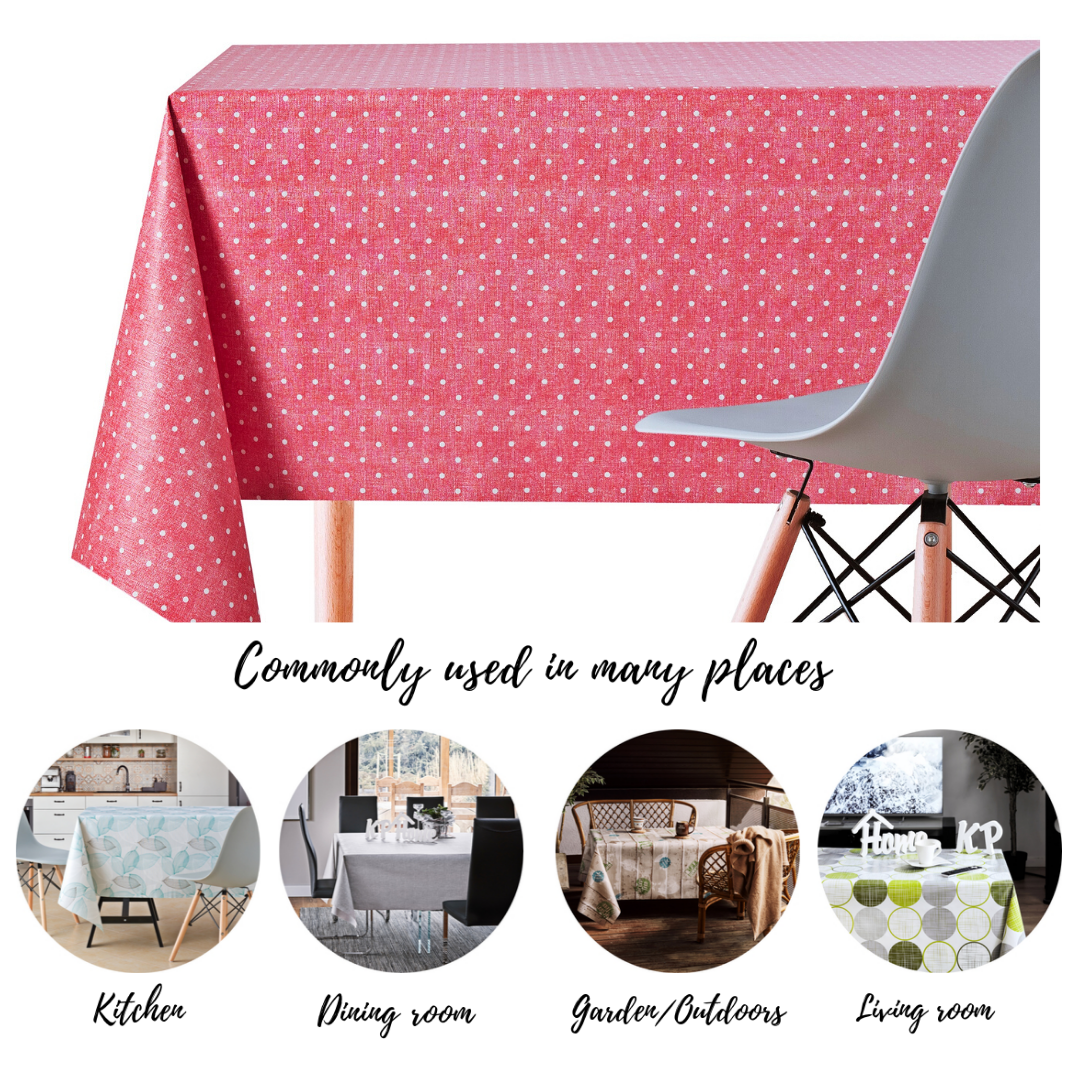 Tablecloth with Spotted White Polka Dot pattern On pinkish Red PVC Wipe Clean Oilcloth - 200x140cm - Plain Dotty Design On Thick Rectangular Wipeable Vinyl Plastic Table Cloth