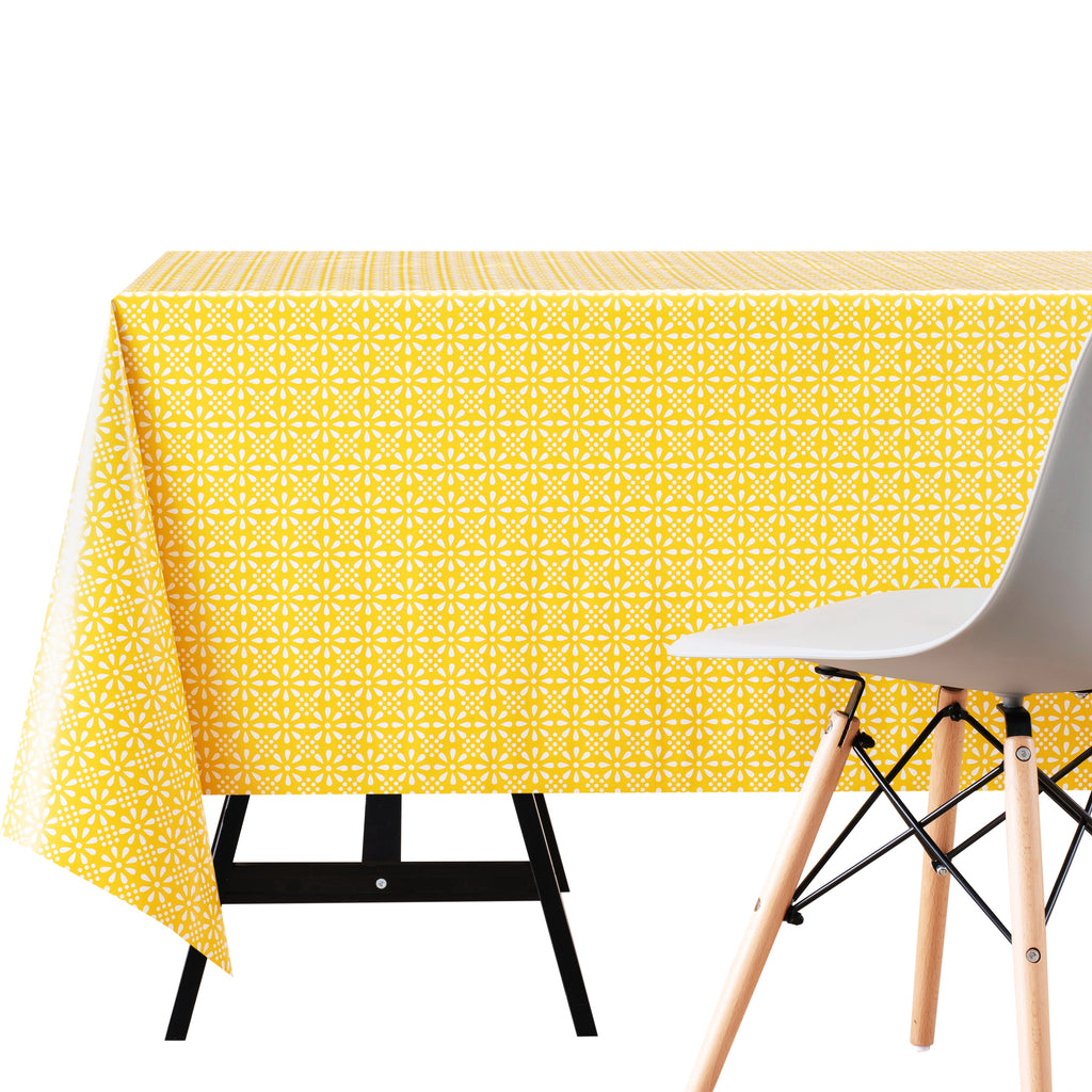 Tablecloth with Sunny Yellow Floral Meadow Pattern Wipe Clean Vinyl Traditional Oilcloth Stylish Rectangular 200cm x 140cm (79x55in) - Wipable Table Cloth