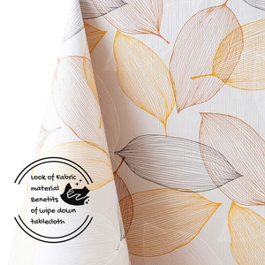 Cream Pumpkin Orange Brown Leaves On White PVC Tablecloth Leafs Embossed Design Wipe Clean Vinyl Rectangular Wipeable Oilcloth