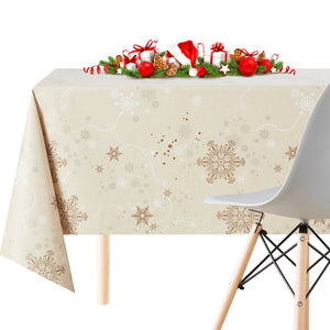 Cream Merry Christmas Wipe Clean Vinyl PVC Tablecloth With Gold & Silver Snowflakes Waterproof Reusable Will Last Seasons