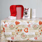 KP Home Festive Merry Christmas PVC Table Cloth Wipe Clean Tablecloth Oilcloth Cream with Red Xmas Winter Ornaments Snowflakes 200x140 78x55in Wood Effect Table Cover Waterproof Reusable 2m