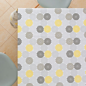 Floral Concentric Circles Style Grey With Yellow PVC Wipe Clean Oilcloth Tablecloth - Modern Flower Design Thick Rectangular Wipeable Vinyl Plastic Table Cloth