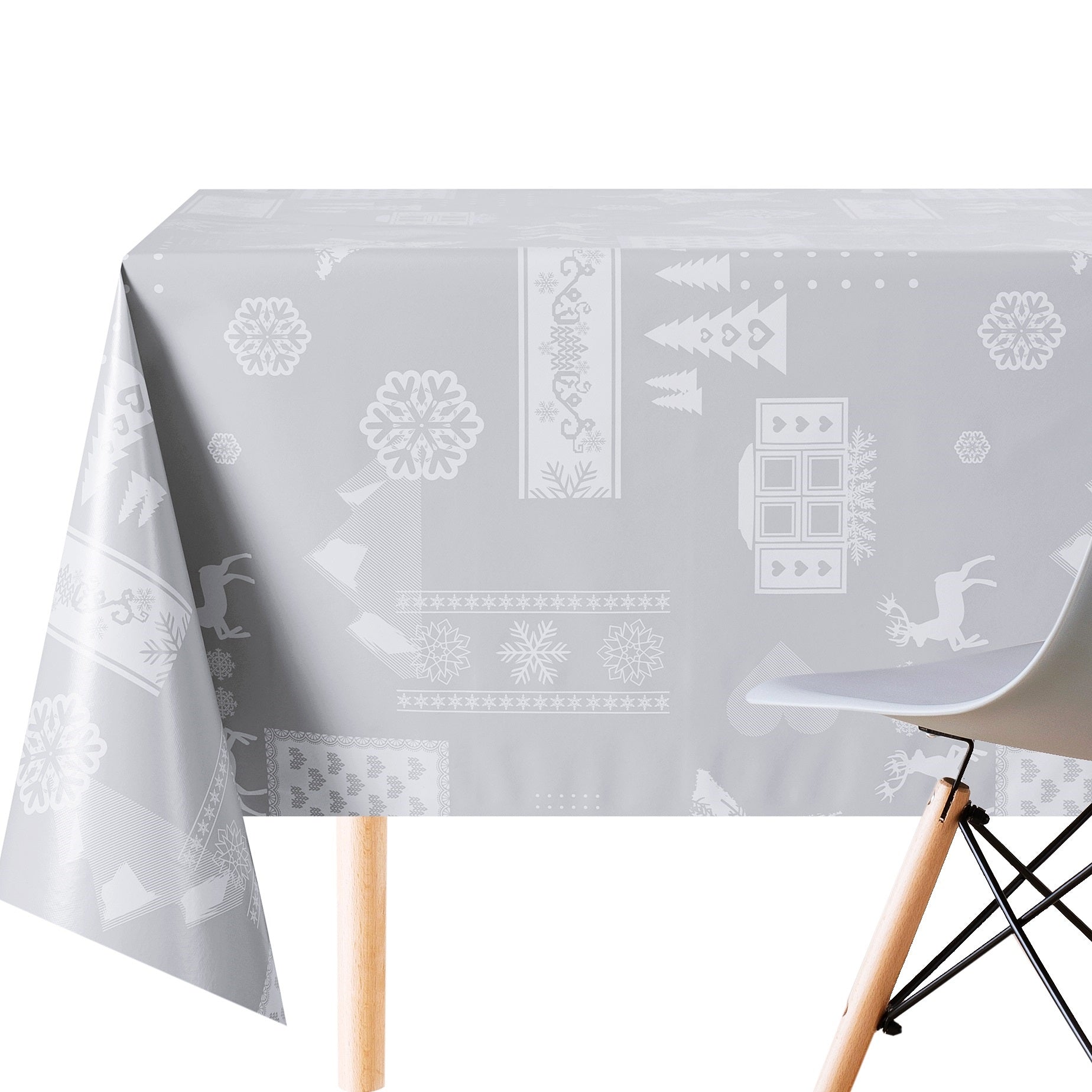 Scandic Style Christmas Ornaments Wipe Clean Tablecloth PVC Oilcloth in Grey with white Nordic pattern Sant's Reindeer