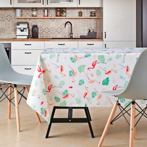 Tablecloth with Tropical Palm's Leaves And Flamingos Design PVC Oilcloth easy to Wipe Clean 200x140cm - Fresh Tropicana Colours Thick durable Rectangular Wipeable Vinyl Plastic Table Cloth