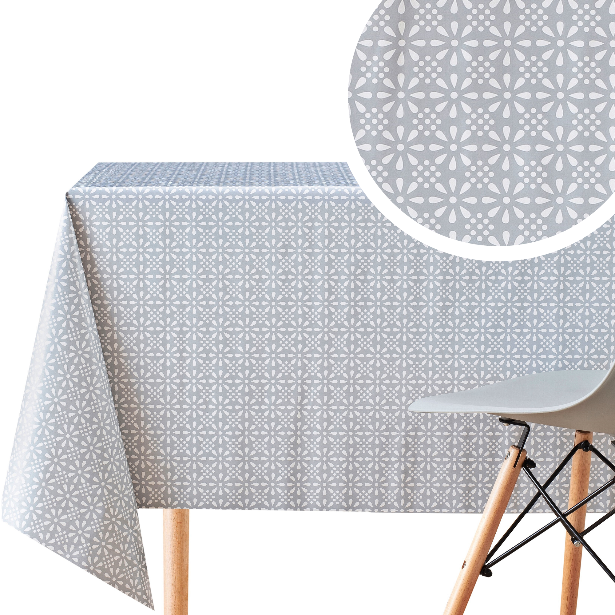 Grey Floral Tablecloth with White Stylish Retro Pattern - Rectangular Table Cover Waterproof Wipe Clean Vinyl PVC Protector