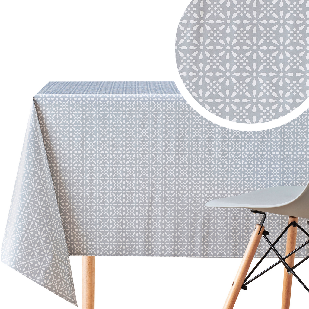 Grey Floral Tablecloth with White Stylish Retro Pattern - Rectangular Table Cover Waterproof Wipe Clean Vinyl PVC Protector