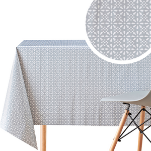 Grey Floral Tablecloth with White Stylish Retro Pattern - Rectangular Table Cover Waterproof Wipe Clean Vinyl PVC Protector