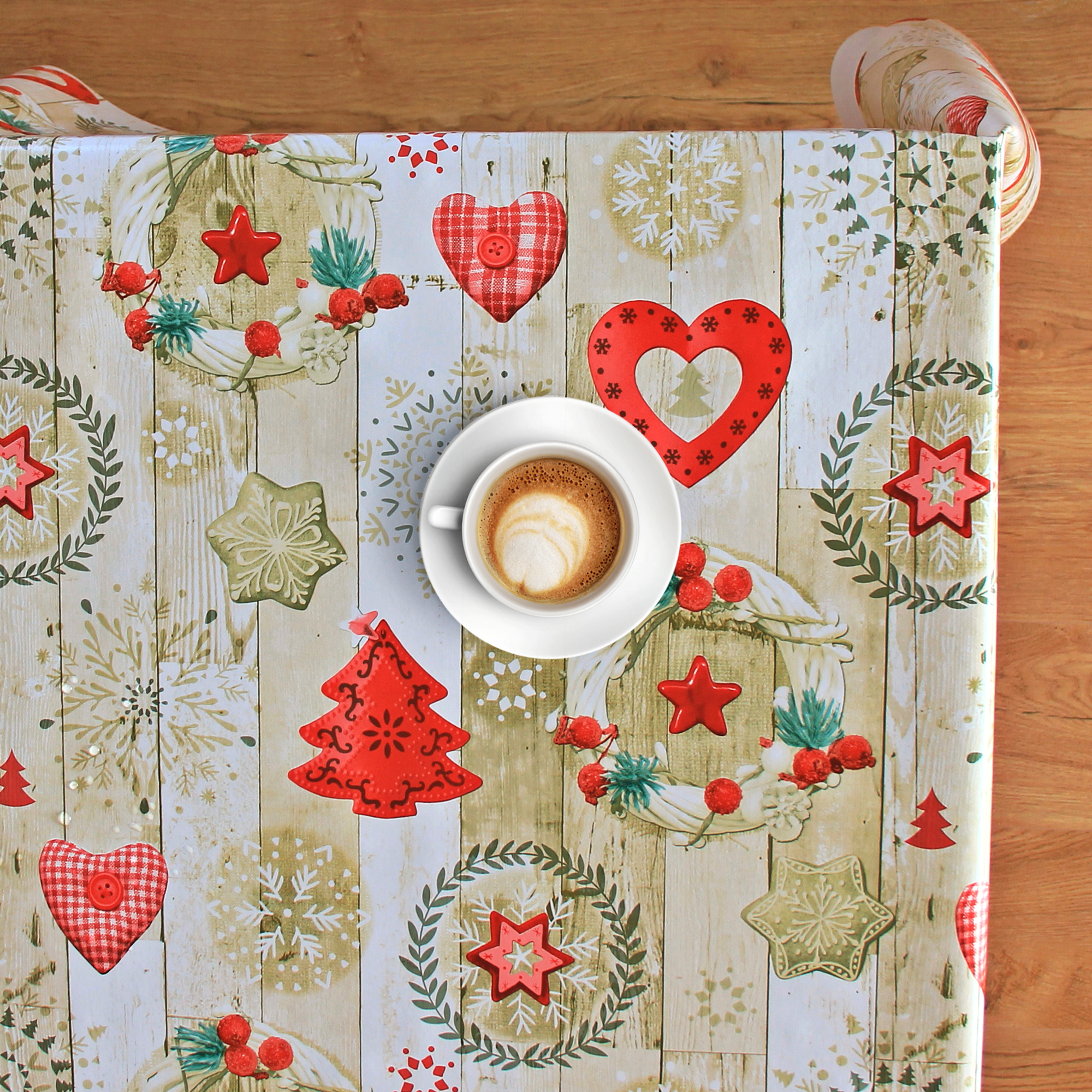 KP Home Festive Merry Christmas PVC Table Cloth Wipe Clean Tablecloth Oilcloth Cream with Red Xmas Winter Ornaments Snowflakes 200x140 78x55in Wood Effect Table Cover Waterproof Reusable 2m