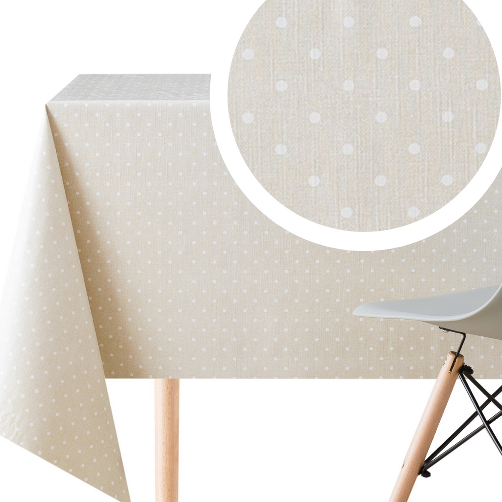 Spotted White Polka Dot Design on Cream Beige Tablecloth PVC Wipe Clean Oilcloth Plain Dotty pattern On Thick Rectangular Wipeable Vinyl Plastic PVC