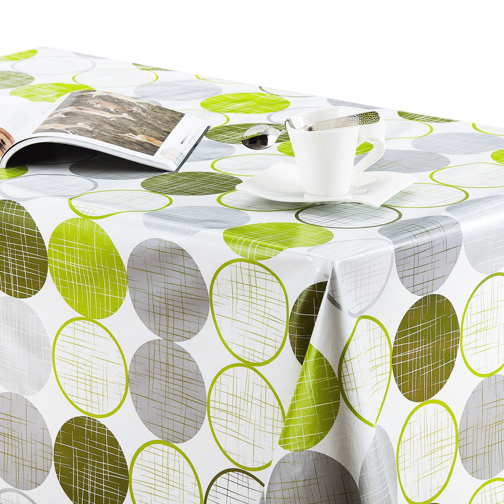 Modern Wipe Clean Vinyl PVC Tablecloth Lime Green Silver-Grey Circles On White - 6 & 8 Place Settings - Smooth - Easy Care Reusable  Oilcloth