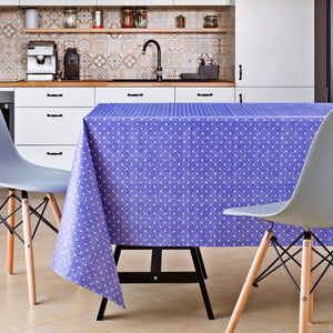 Spotted White Polka Dot Design On Violet Jeans looking Tablecloth PVC Wipe Clean Oilcloth 200x140cm Plain Dotty Design On Thick Rectangular Wipeable Vinyl Plastic Table Cloth