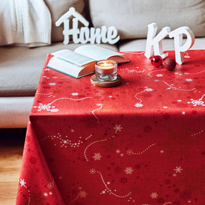 Tablecloth with Christmas pattern Wipe Clean oilcloth in RED with Gold and White Snowflakes - High Quality - Will Last Seasons …