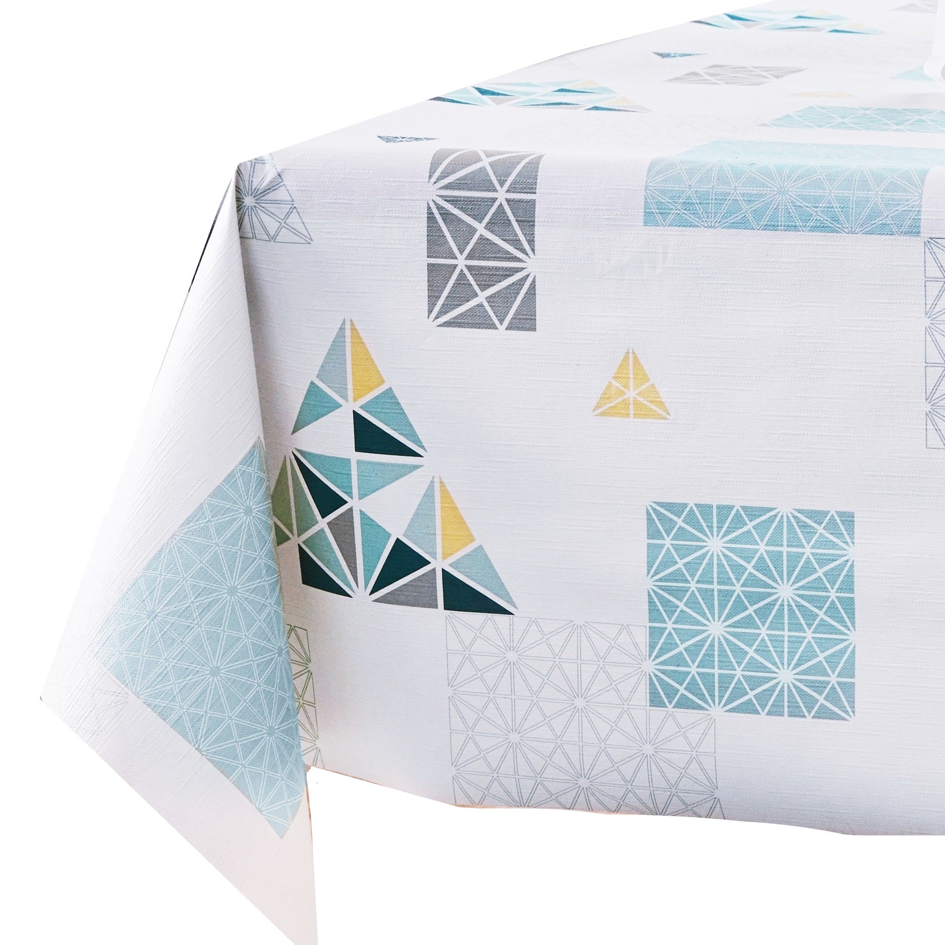 Wipe Clean Vinyl Tablecloth With Modern Scandinavian Pattern - White With Ocean Blue And Yellow In Rectangle Shape