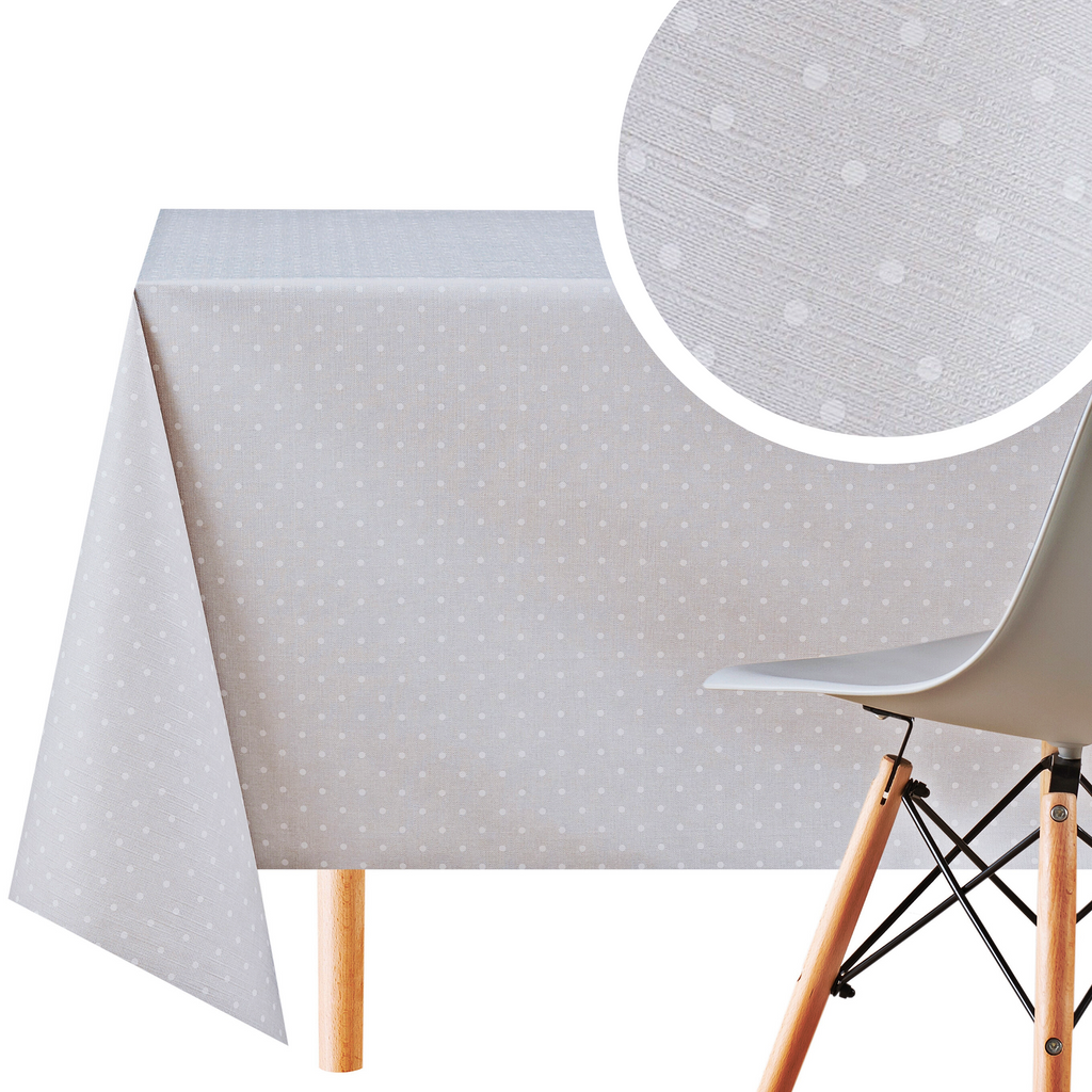 Grey Tablecloth Spotted with White Polka Dot Design  PVC Wipe Clean Oilcloth Plain Dotty pattern On Thick Rectangular Wipeable Vinyl Plastic PVC