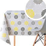 Floral Concentric Circles Style Grey With Yellow PVC Wipe Clean Oilcloth Tablecloth - Modern Flower Design Thick Rectangular Wipeable Vinyl Plastic Table Cloth