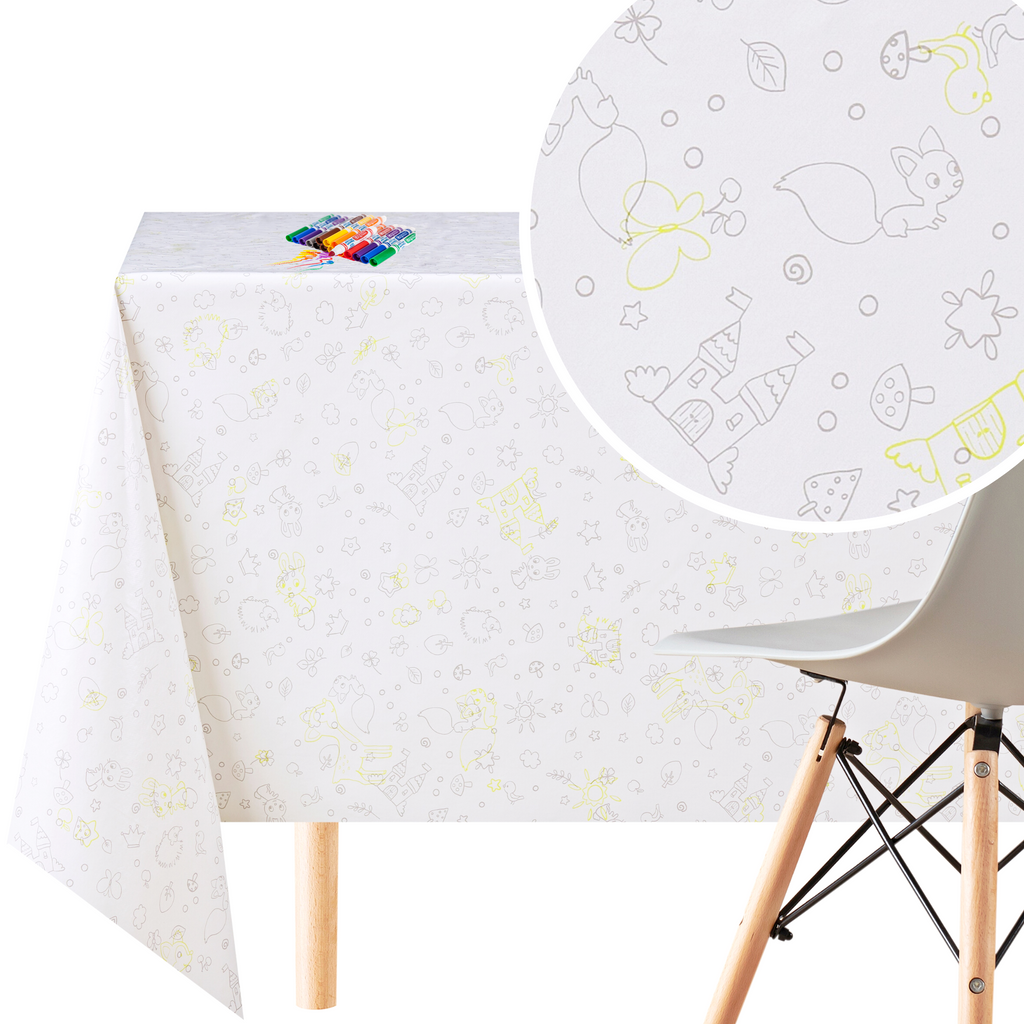 Fun Kids Colouring PVC Wipe Clean Tablecloth Reusable - Rectangular Table Cover Wipeable Vinyl Smooth Plastic Table Cloth With Design For Children