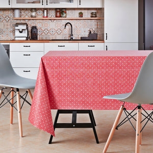 Tablecloth with Spotted White Polka Dot pattern On pinkish Red PVC Wipe Clean Oilcloth - 200x140cm - Plain Dotty Design On Thick Rectangular Wipeable Vinyl Plastic Table Cloth