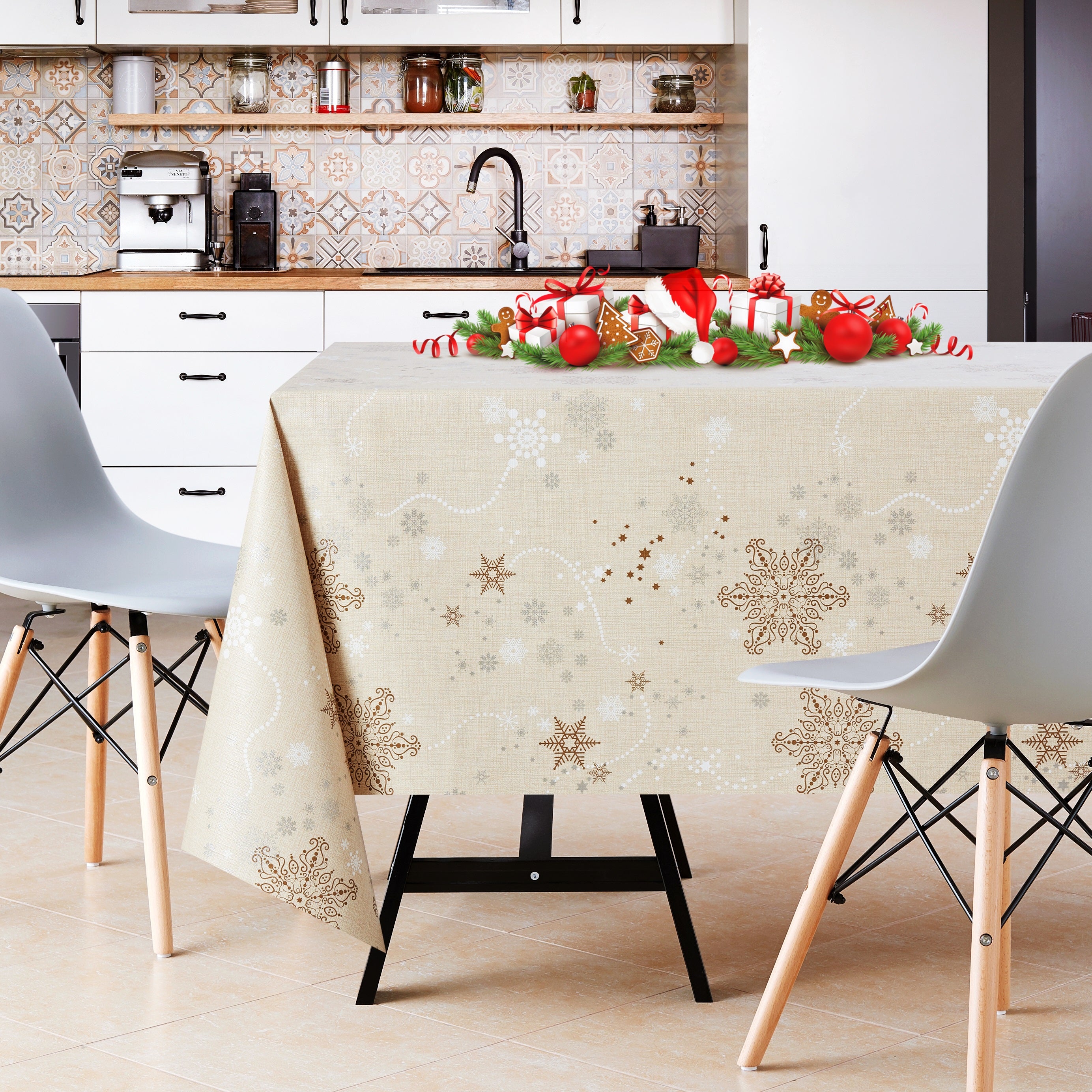 Cream Merry Christmas Wipe Clean Vinyl PVC Tablecloth With Gold & Silver Snowflakes Waterproof Reusable Will Last Seasons