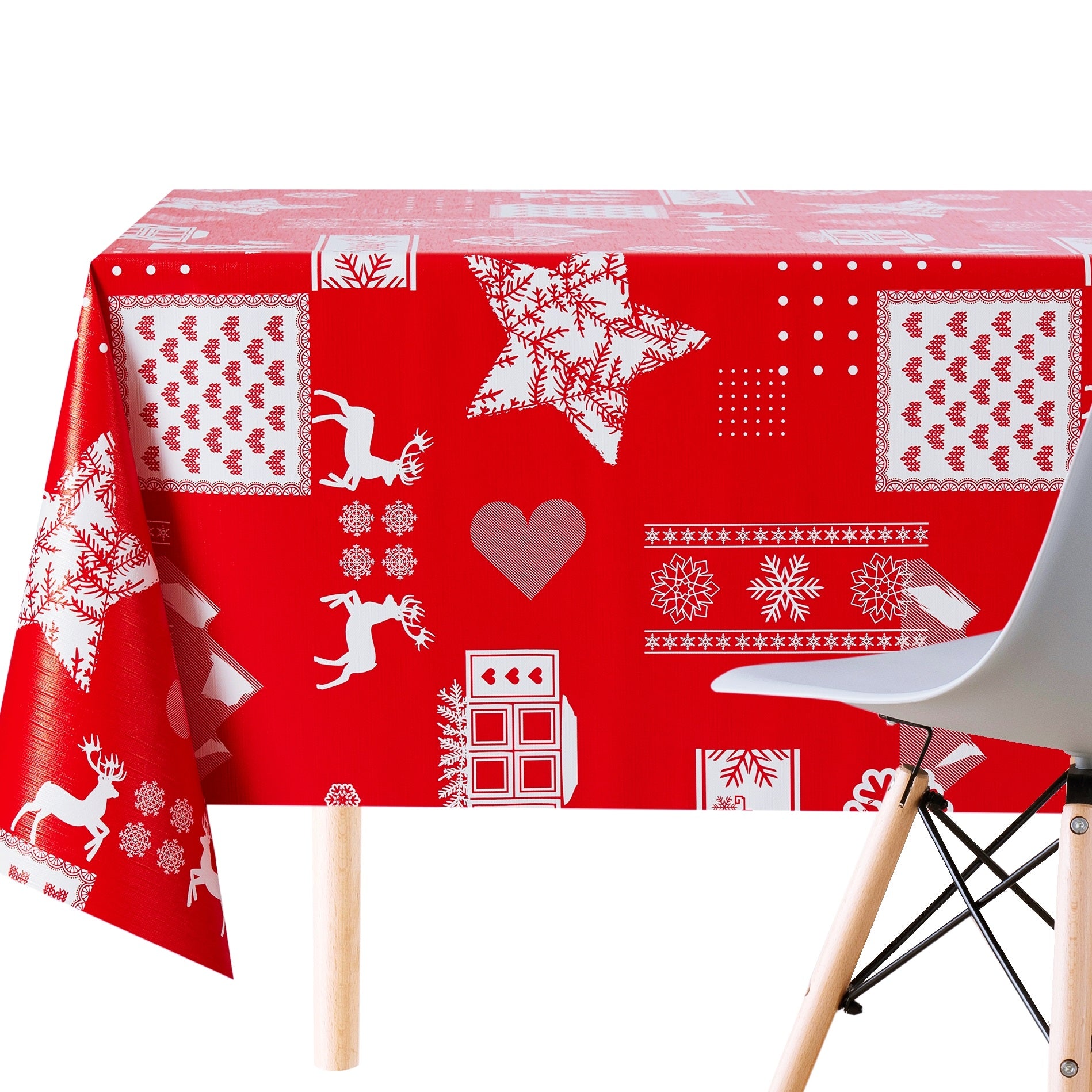 Nordic Christmas Style Wipe Clean Tablecloth Rectangular Vinyl PVC Oilcloth In Noel With White Deer And Snowflakes pattern Scandic Reindeers Winter