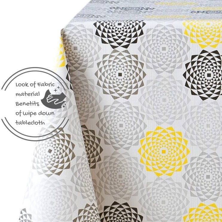 Floral Concentric Circles Style Grey With Yellow PVC Wipe Clean Oilcloth Tablecloth - Modern Flower Design Thick Rectangular Wipeable Vinyl Plastic Table Cloth